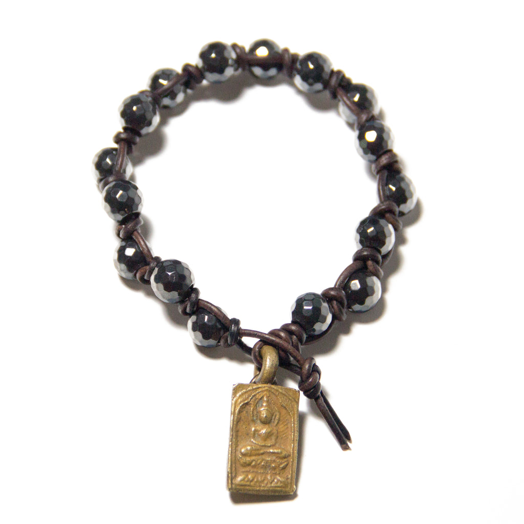 Women's Hematite & Leather Bracelet w/ Buddah charm