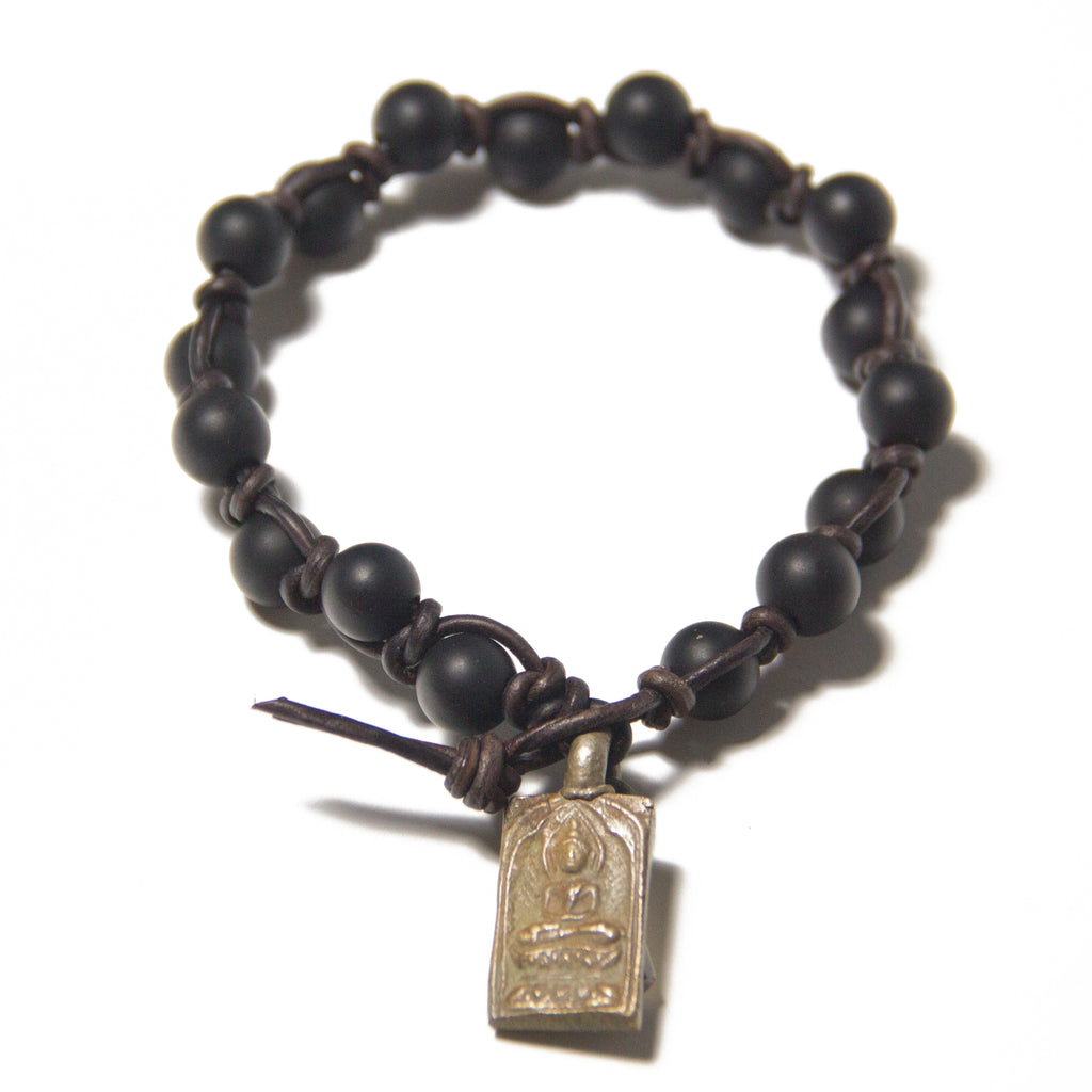 Women's Onyx & Leather Bracelet w/ Buddha charm