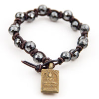 Women's Hematite & Leather Bracelet w/ Buddah charm