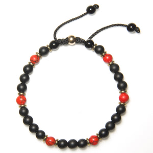 Women's Draw String Bracelet Matte Onyx, Red Howlite & 14K Gold