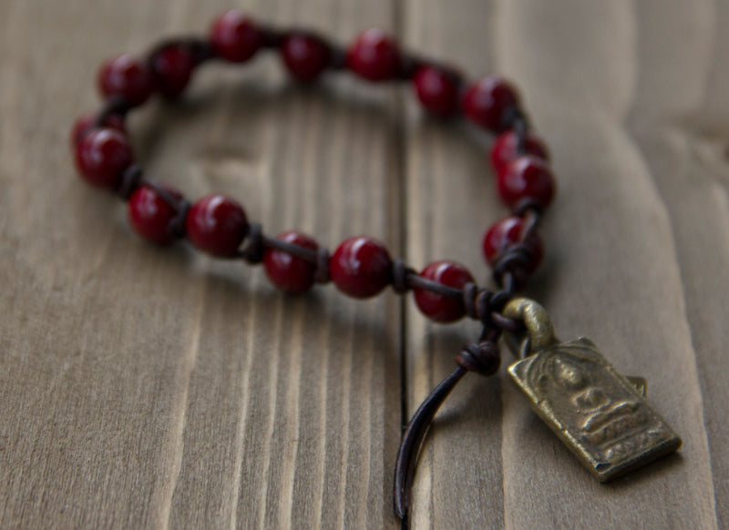 Women's Fossil Rock & Leather Bracelet - red with silver charm