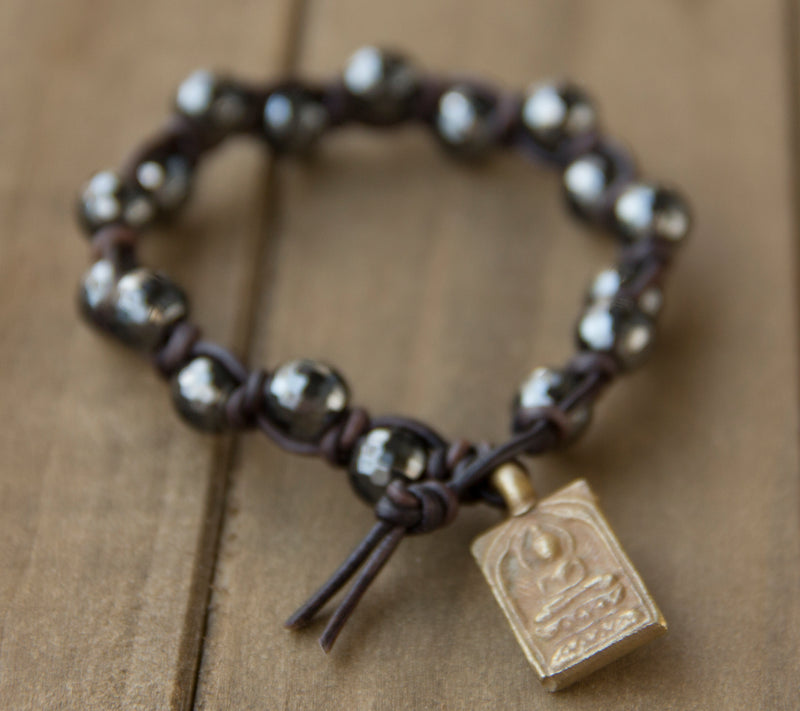 Women's Hematite & Leather Bracelet w/ Buddah charm