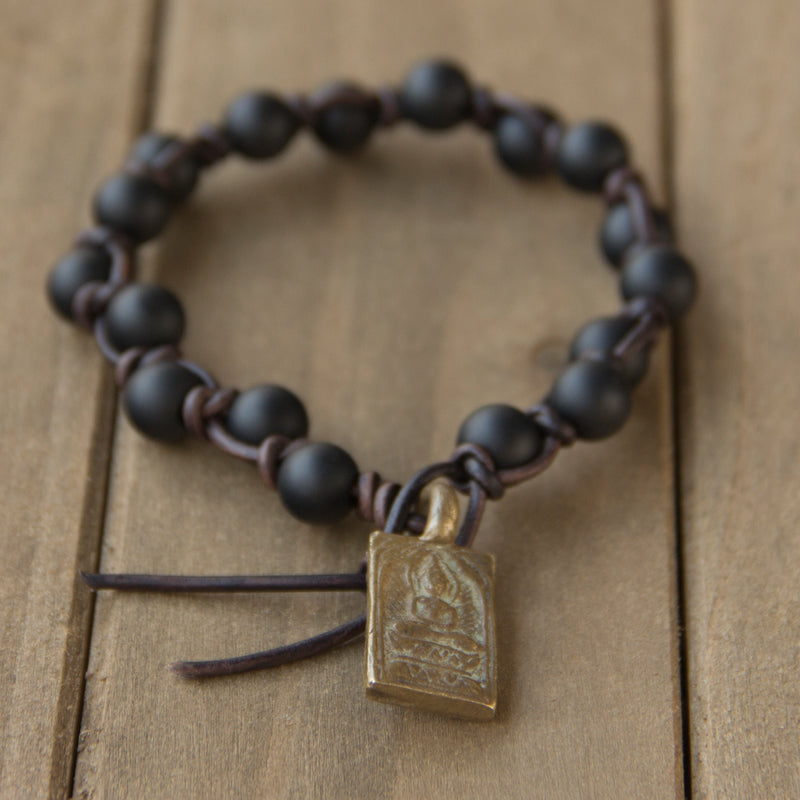 Women's Onyx & Leather Bracelet w/ Buddha charm