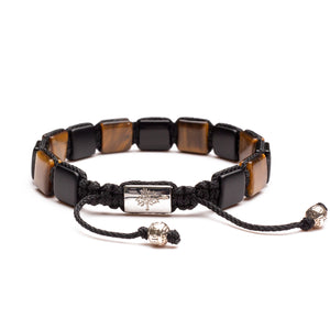 mens drawstring flat bead bracelet with sterling and tiger eye