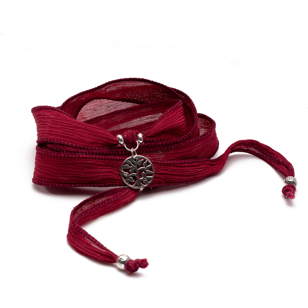Women's Silk Ribbon Wrap Bracelet w/ Sterling Silver Tree of Life charm